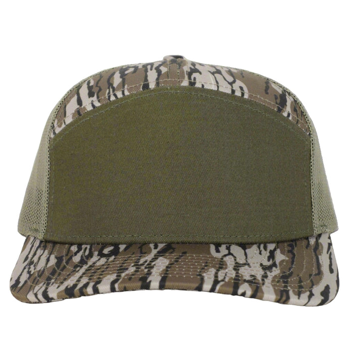 Custom Bottomland Camo/Olive 7 Panel Private Label Leather Patch Trucker Hat