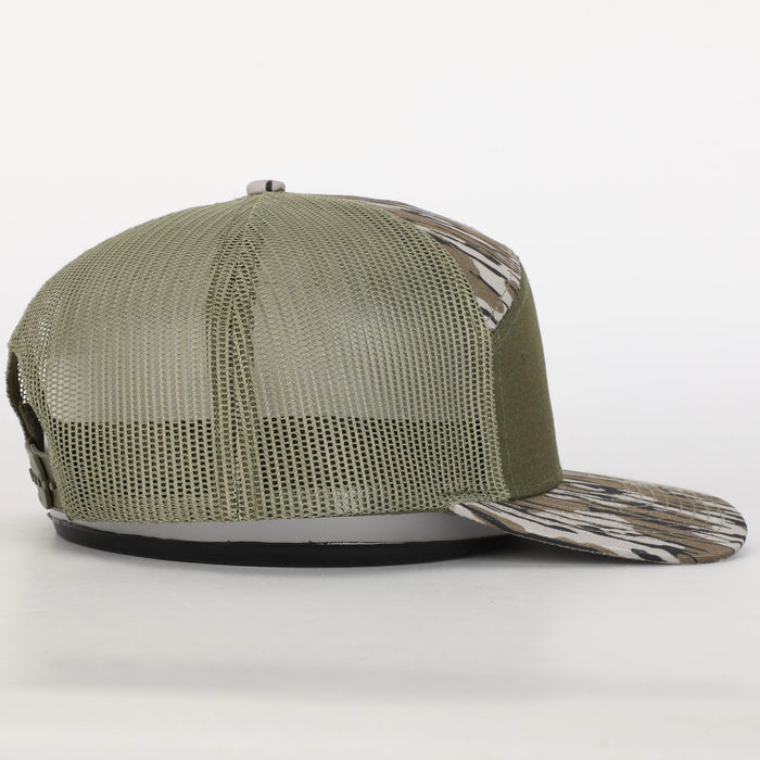Custom Bottomland Camo/Olive 7 Panel Private Label Leather Patch Trucker Hat