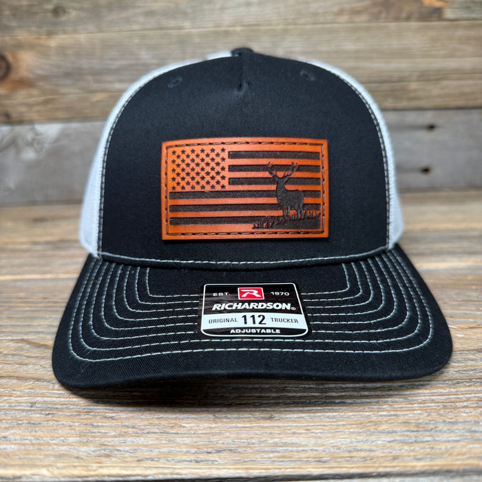 Deer USA Flag Leather Patch Trucker Hat