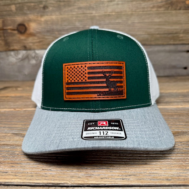 Deer USA Flag Leather Patch Trucker Hat