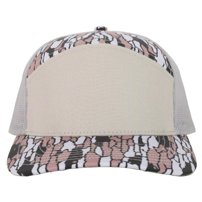 Custom Leather Patch Bark Camo 7 Panel Private Label Trucker Hat