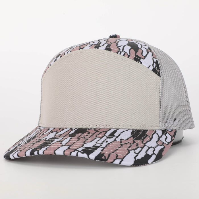 Custom Leather Patch Bark Camo 7 Panel Private Label Trucker Hat