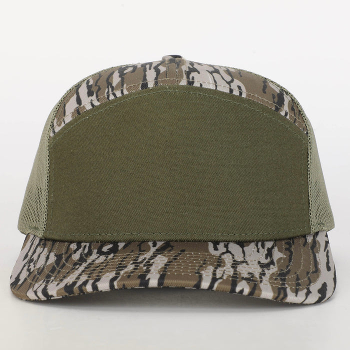 (MARCH 2024) Custom Hardwoods/Olive 7 panel private label leather patch trucker hat