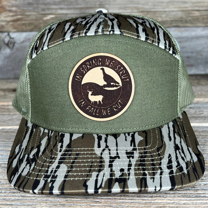 Custom Bottomland Camo/Olive 7 Panel Private Label Leather Patch Trucker Hat - Savannah Moss Co.
