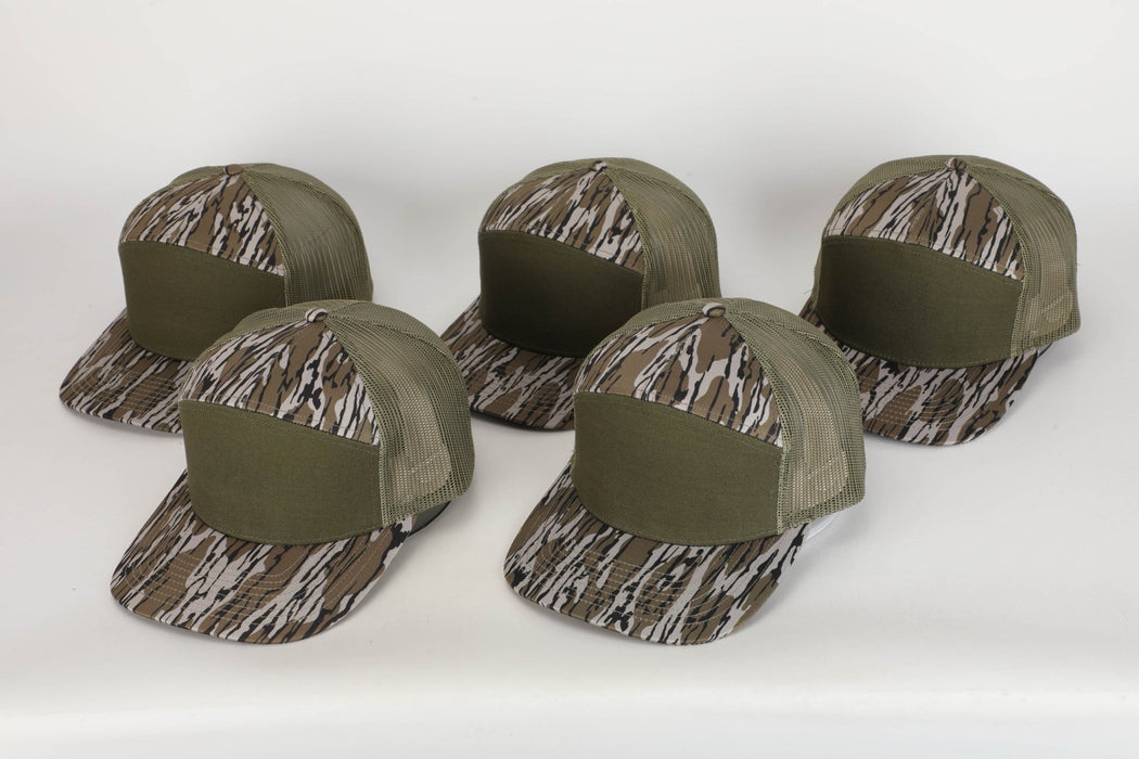 (EARLY APRIL 2024) Custom Bottomland Camo/Olive 7 Panel Private Label Leather Patch Trucker Hat - Savannah Moss Co.