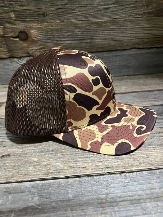 Custom Brown Camo Leather Patch Trucker Hat - Savannah Moss Co.