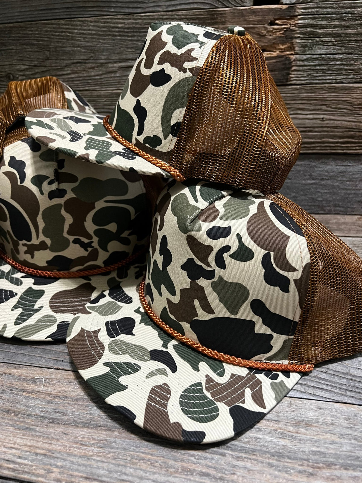 Custom Retro Duck Camo Copper Rope Mesh Back Trucker Snapback