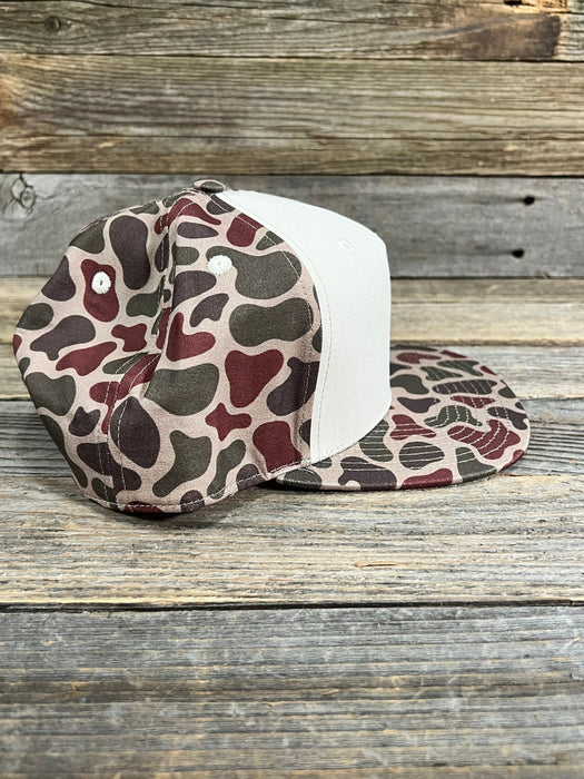 Custom Retro Duck Camo/Cream 5 panel leather patch Snapback Hat - Savannah Moss Co.