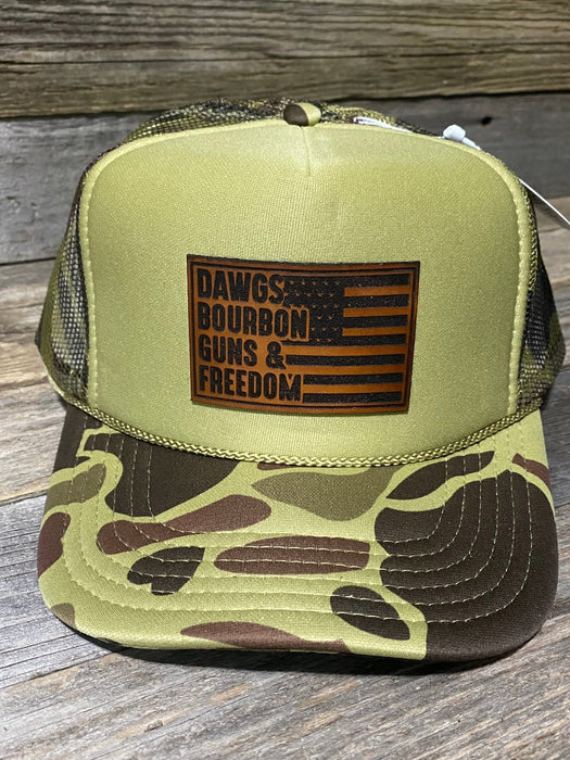 DAWGS, BOURBON, GUNS & FREEDOM Leather Patch Hat - Savannah Moss Co.