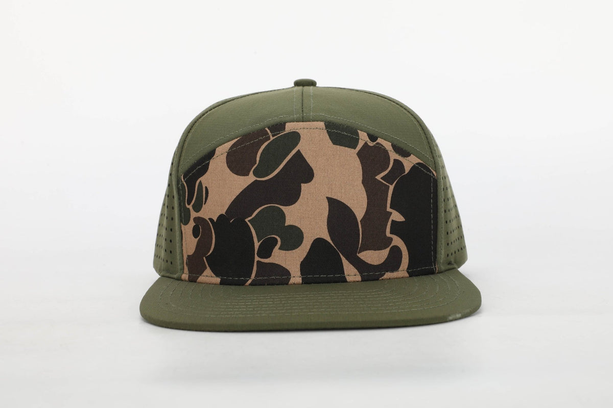 Duck Camo/Loden 7 panel COOLFIT Mesh Snapback Hat — Savannah Moss Co.
