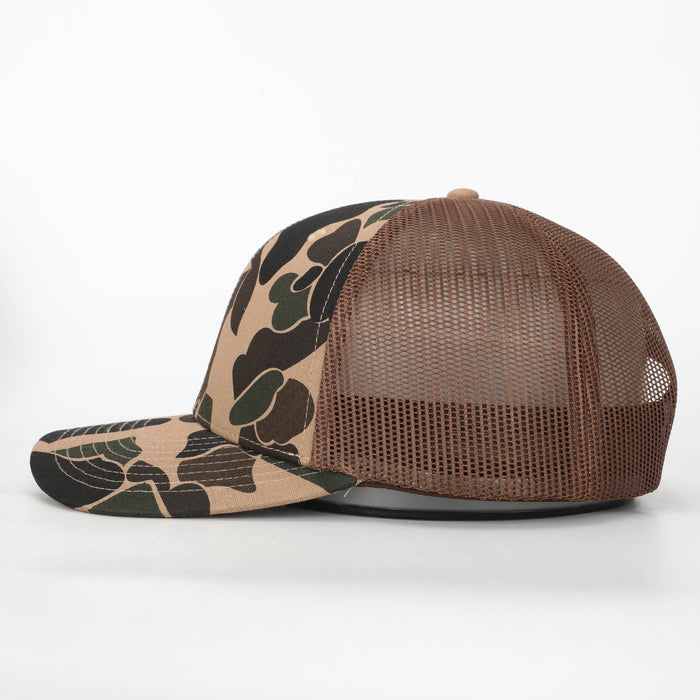 Duck Camo/Tobacco Leather Patch Trucker Hat preorder (Arriving Late November) - Savannah Moss Co.