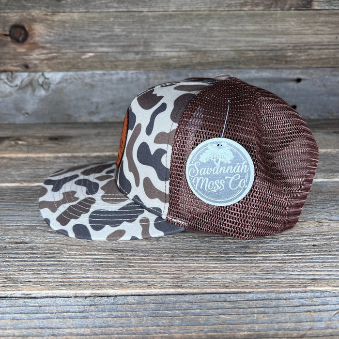 Gone Hoggin’ Camo Leather Patch Trucker Hat - Savannah Moss Co.