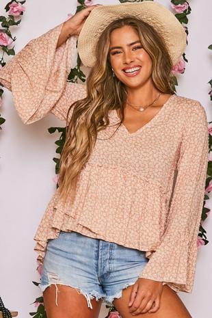 Ladies' Dusty Peach Long Sleeve Floral Print Babydoll Top - Savannah Moss Co. Clothing & Goods Boutique