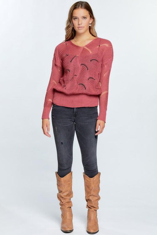 Ladies' Eyelash Detailed Open Knit Sweater: French Rose - Savannah Moss Company