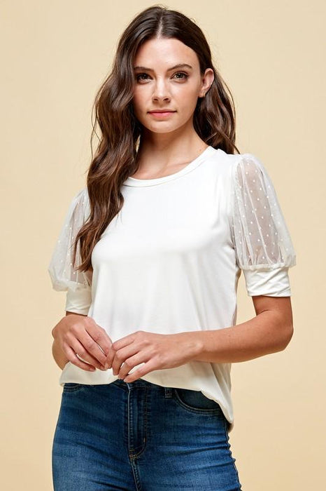 Ladies' Ivory Solid Top with Mesh Sleeves - Savannah Moss Co. Clothing & Goods Boutique