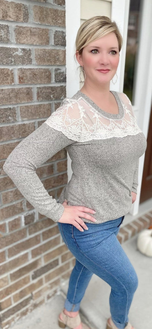 Ladies' Lace Trim Round Neck Sweater Top - Savannah Moss Company