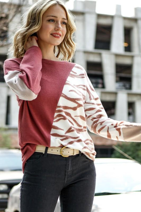 Ladies' Long raglan sleeve knit top with 2 tone color block/leopard print - Savannah Moss Company
