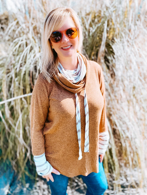 Ladies' Mock Neck Layered Knit Top with drawstrings - Savannah Moss Company