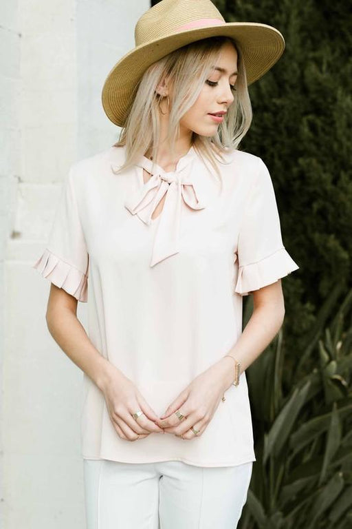 Ladies' Solid Neck Tie Short Sleeve Pleat Detail Blouse - Savannah Moss Co. Clothing & Goods Boutique