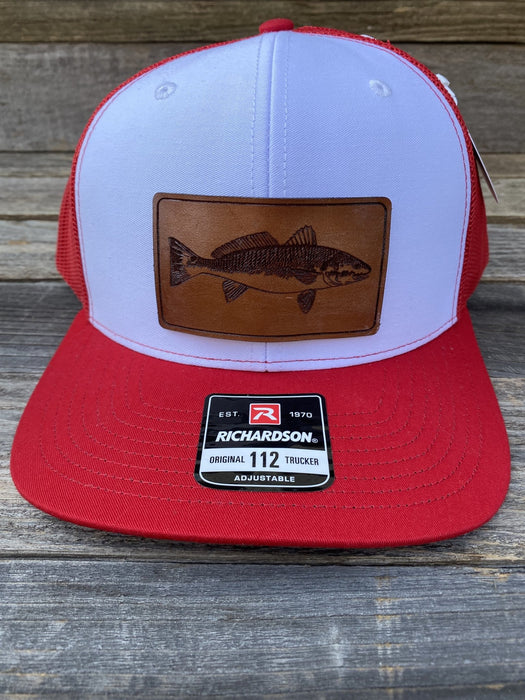 Redfish White/Red Leather Patch Hat - Savannah Moss Co.