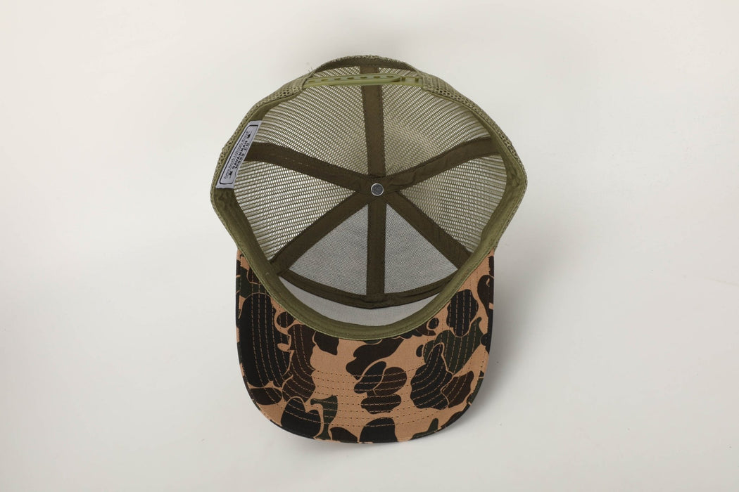 Retro Duck Camo 7 Panel Savannah Moss Leather Custom Patch Trucker — Hat