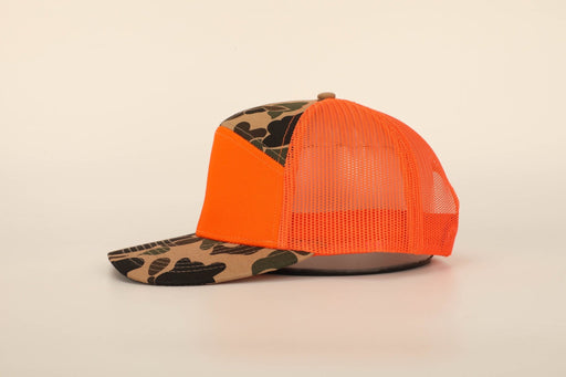 Retro Duck Camo/Blaze Orange 7 panel blank trucker hat - Savannah Moss Co.