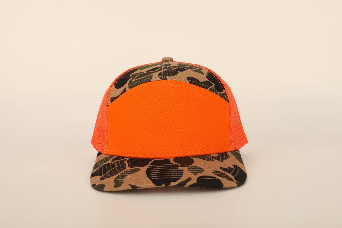 Savannah Moss Co Blaze Orange/Duck Camo 7 panel leather patch trucker hat