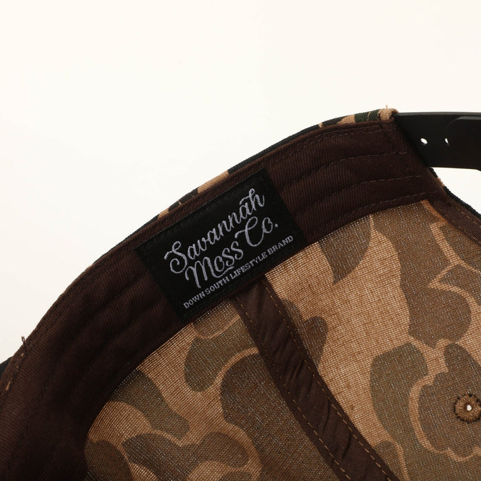 Waxed Duck Camo Leather Patch Snapback Hat Pre Order (Late November) - Savannah Moss Co.