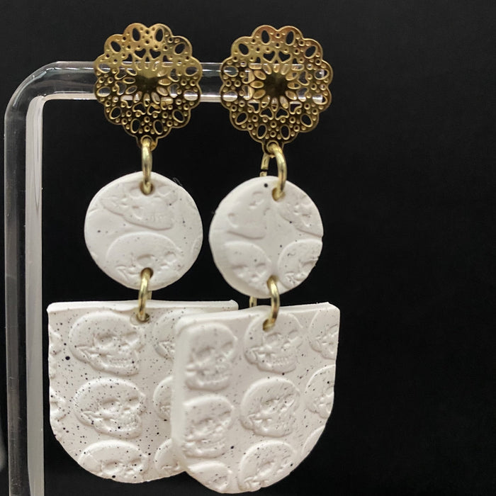 White Speckled Skull Textured Arch Clay Earrings - Savannah Moss Co. Boutique